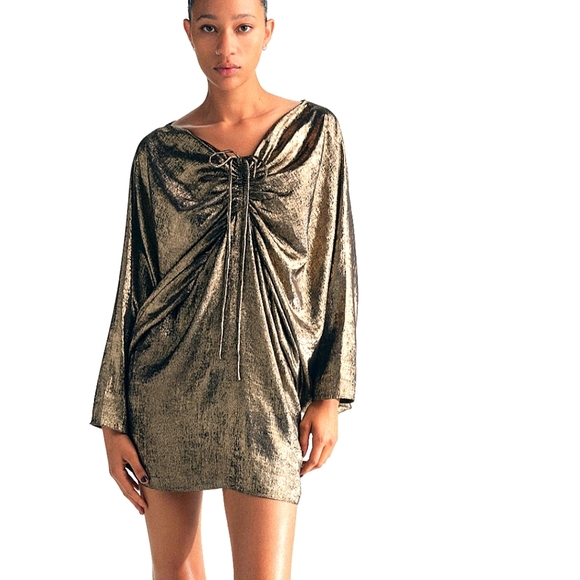 Zara Dresses & Skirts - Zara Black And Gold Draped Balloon Mini Dress